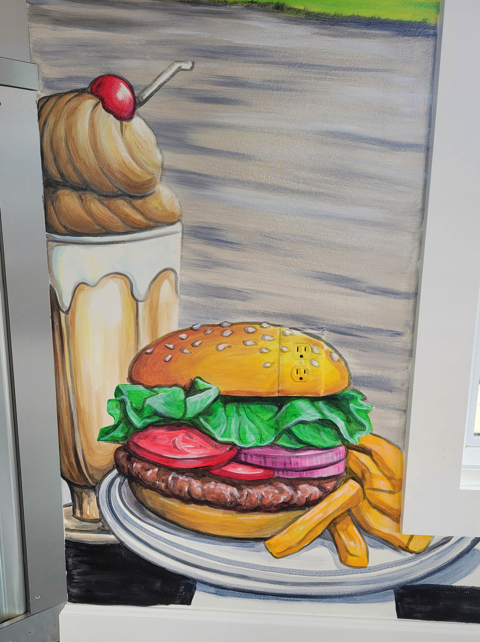 retro hamburger and shake mural painting