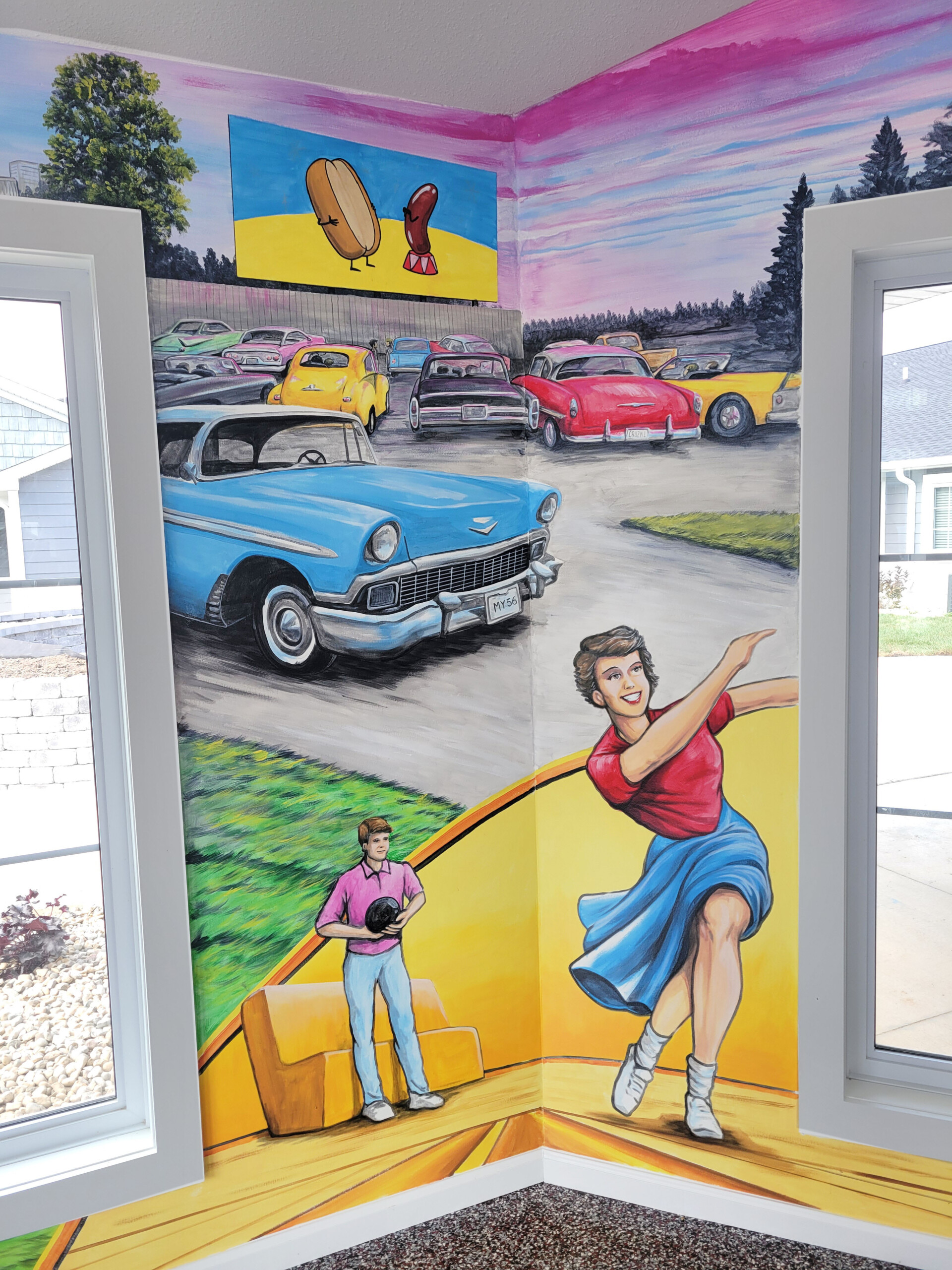 retro drive in bowling 57 chevy mural painting