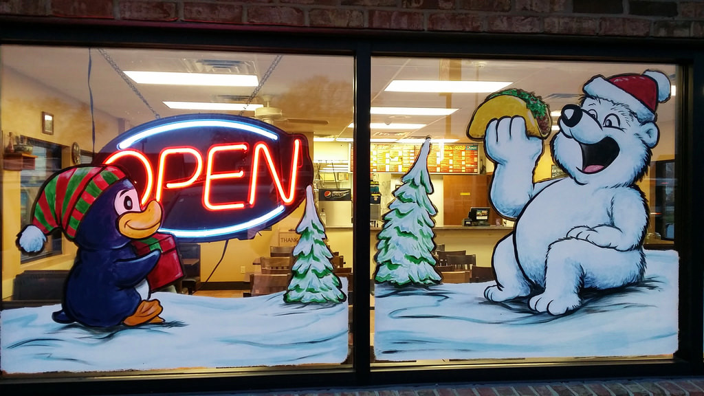 holiday window painting springfield illinois penguin and bear